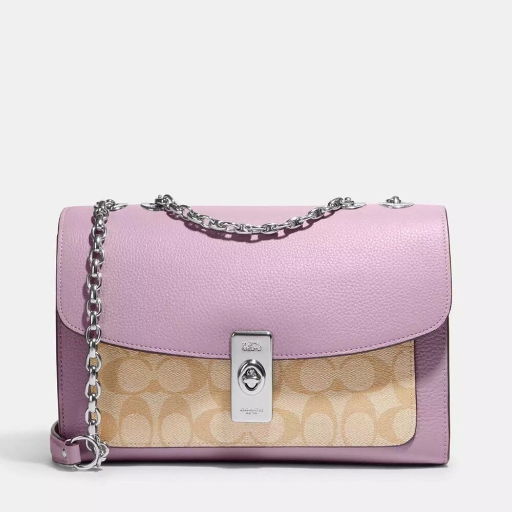 NWT Coach Lane Shoulder Bag In Signature Canvas/PebbleLeather/ Khaki-Purple